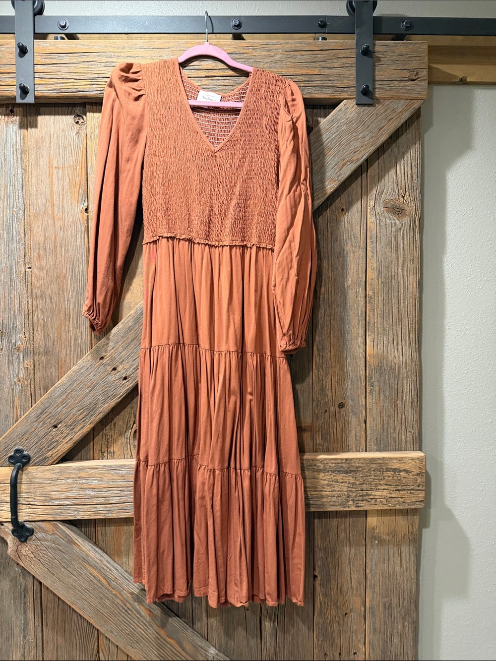 bohme Rust Smocked V‑Neck Tiered Maxi Dress